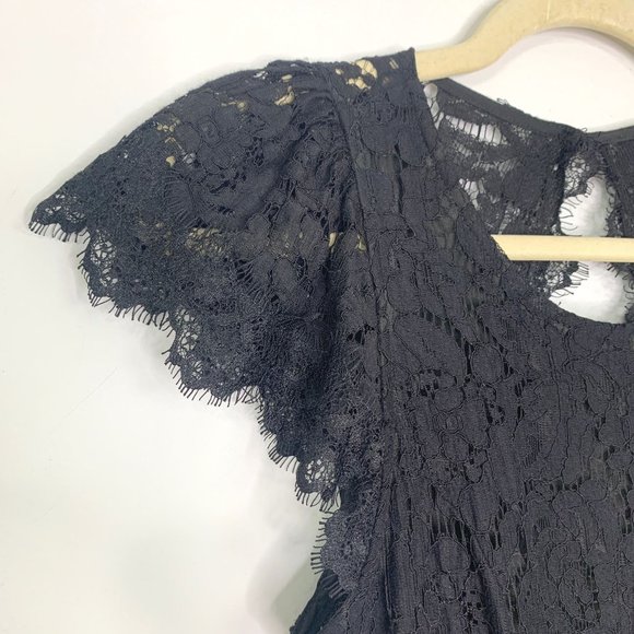 KAITLYN Black Eyelash‎ Lace Cap Sleeve Cut-Out Back Midi Dress Sz M - Picture 2 of 10
